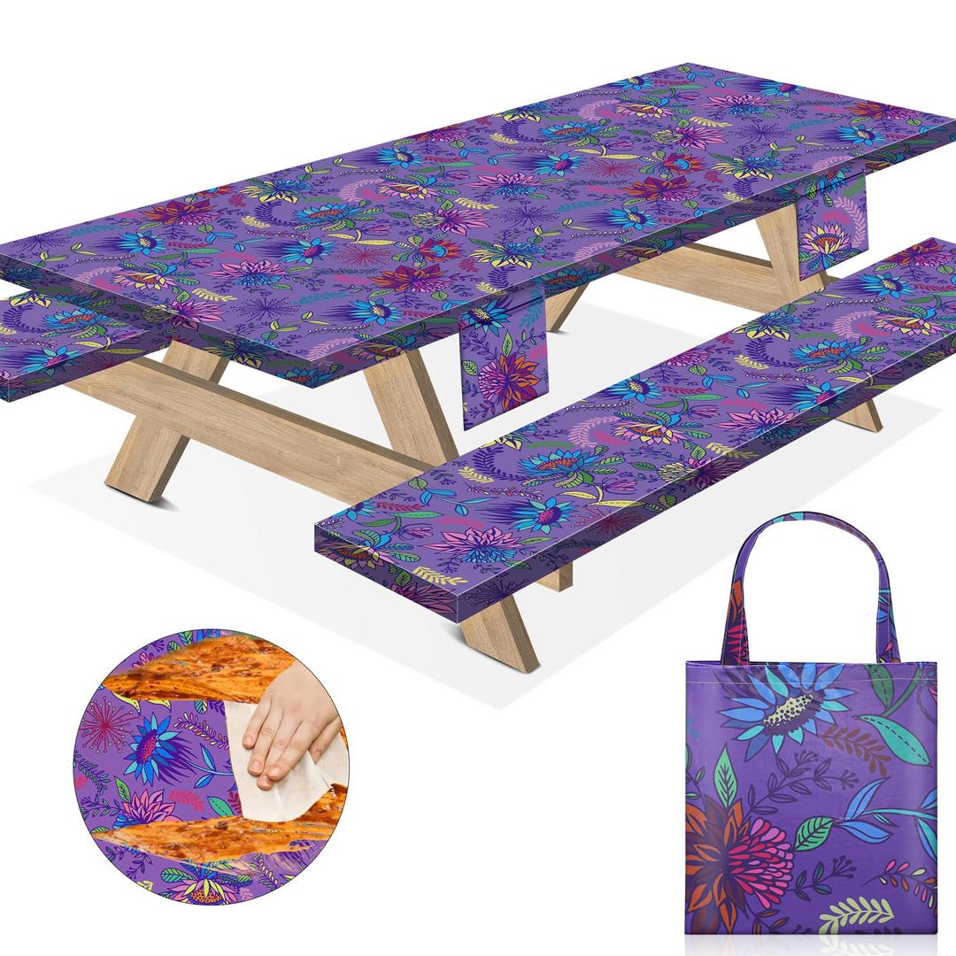 72X30 Inches Picnic Table Cover with Bench Covers 3 Piece Waterproof Fitted Desk Covercloth with Elastic Edges Summer Hiking Trip Necessities Outdoor Park Accessories Purple Gifts for Women