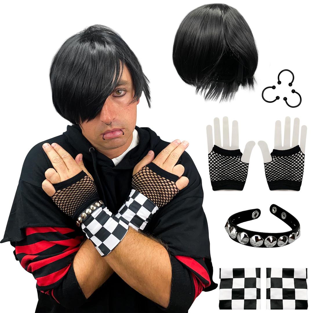 Watt's WigsEmo Costume Set for Men - 2000s Goth Pop Punk Scene Kid Party - Black Wig, Fake Piercings, Checkered Wristbands, Fishnet Gloves, and Studded Bracelet