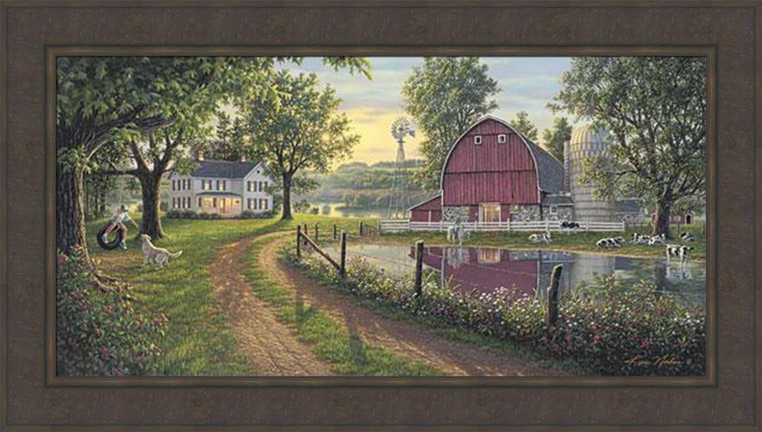 'The Road Home' by Kim Norlien 24x42 Farm House Red Barn Windmill Silo Cows Pond Dog Country Framed Art Print Picture