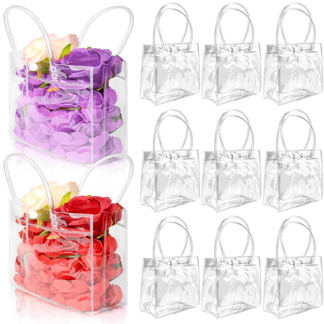 BadenBach 24 PCS Small Clear Gift Bags with Handle,5.9" x 6.3" x 2.8",Cute Plastic Clear Gift Bag Clear Party Favor Goodie Bags for Boutique Wedding Birthday Party Baby Shower Halloween Christmas