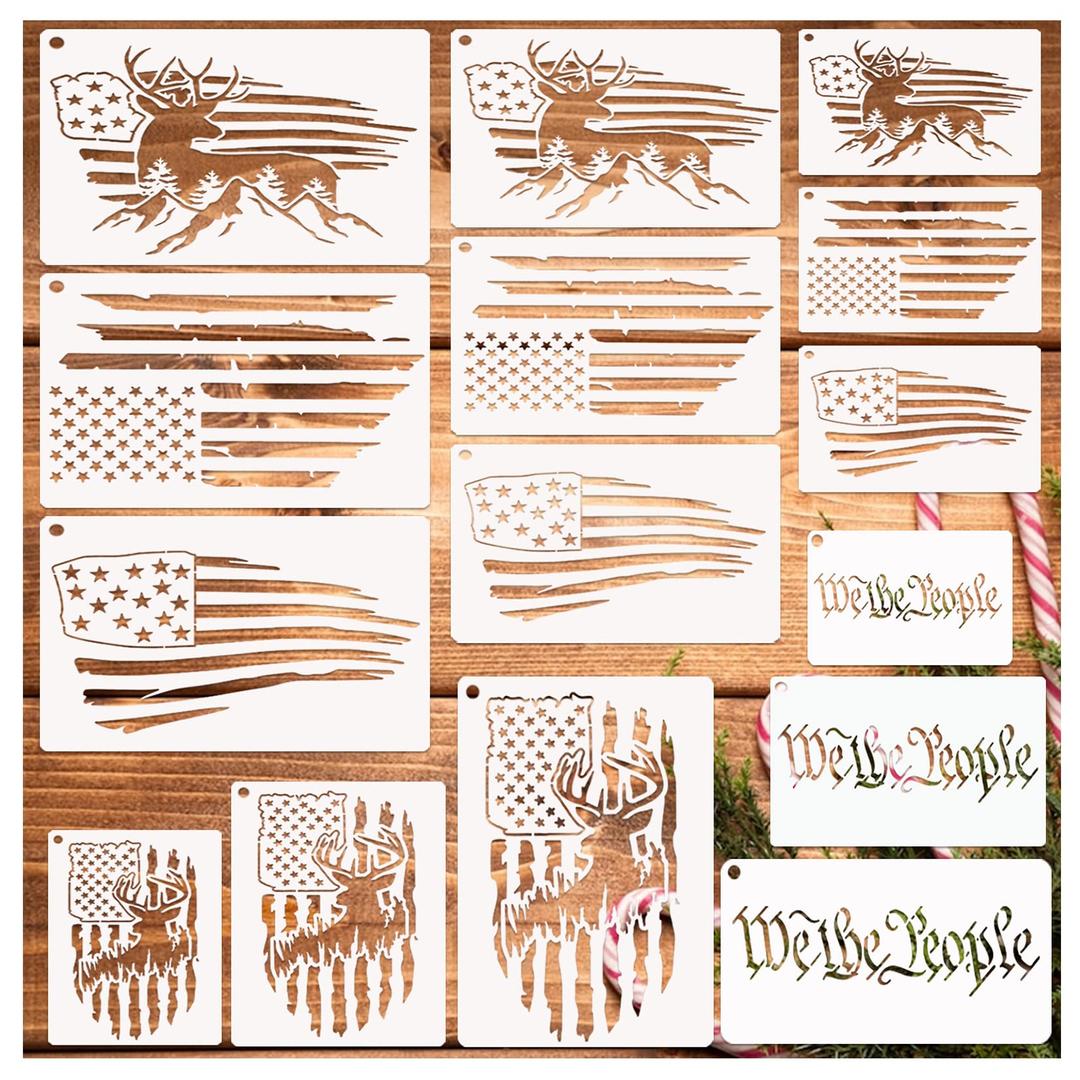 15 Pcs American Flag Stencils, We The People Stencil Reusable Deer Star Stencil 50 Stars American Flag Templates US Flag Military Stencils for Painting on Wood Canvas Walls Fabric DIY Crafts (15pcs)