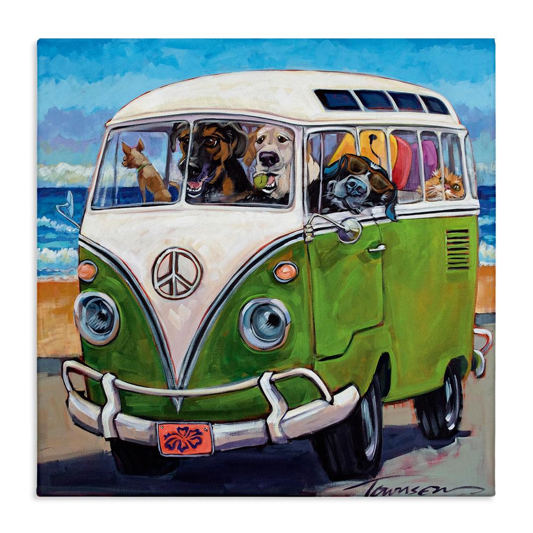 Stupell Industries Dogs Driving Retro Van Summer Beach Trip Canvas Wall Art, 17x17, Multicolor