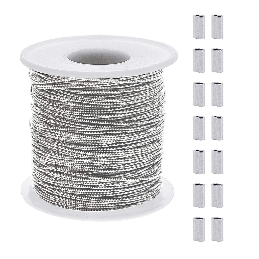 AHANDMAKER 304 Stainless Steel Wire Cable, 393 Ft Length 1/32 Wire Rope with 50 Pcs Rectangle Aluminum Crimping Sleeves for Party Decro String, Clothesline, Easy to Hang