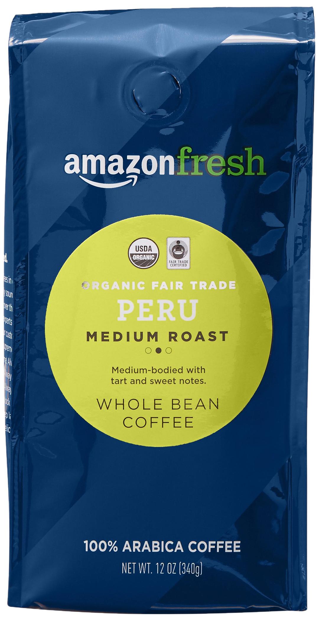 Amazon FreshOrganic Fair Trade Peru Whole Bean Coffee, Medium Roast, 12 Oz