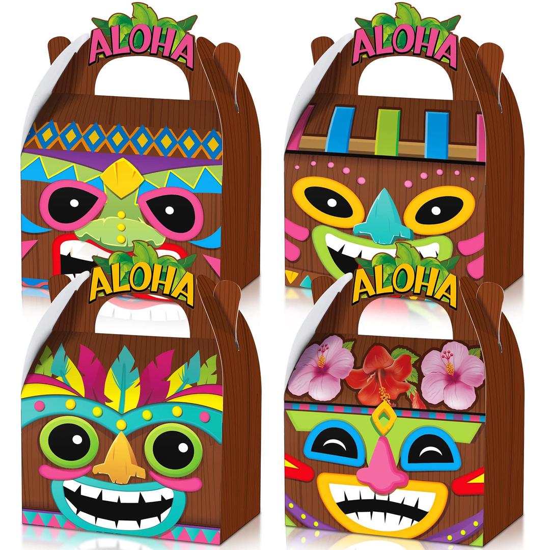 Glenmal 24 Pcs Hawaiian Aloha Party Boxes Tiki Luau Treat Boxes Goodie Candy Boxes Tropical Themed Boxes with Handles Summer Tiki Luau Treat Boxes for Aloha Festival Hawaiian and Luau Party Supplies