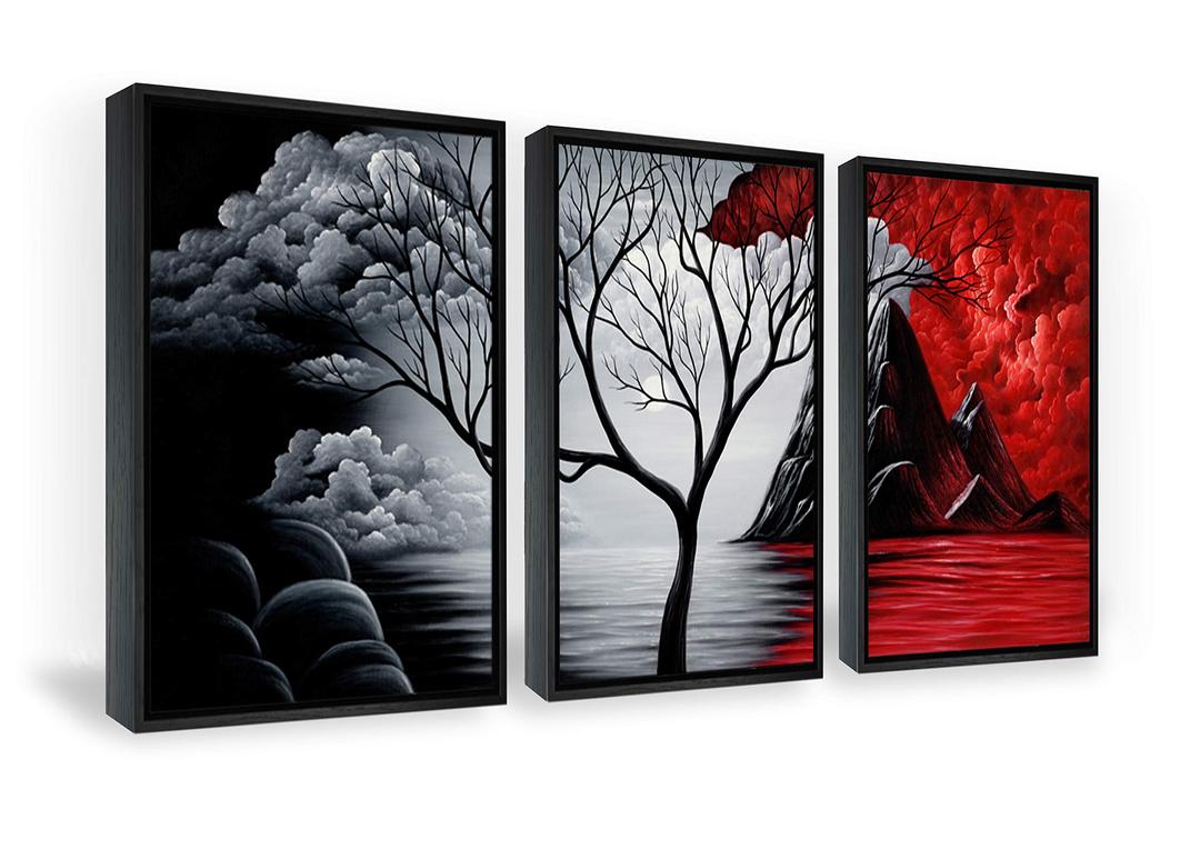 Wieco Art Framed Wall Art the Cloud Tree Wall Art HD print of Oil Paintings Landscape Canvas Prints for Home Decorations, 3 Panels with Black Frames