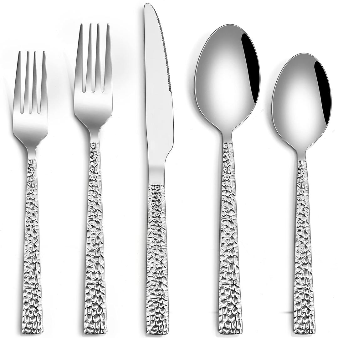 Hammered Silverware Set, HaWare 60-Piece Stainless Steel Flatware Set for 12, Modern Eating Utensils Tableware Cutlery Set for Kitchen Hotel Restaurant Party, Mirror Polished - Dishwasher Safe