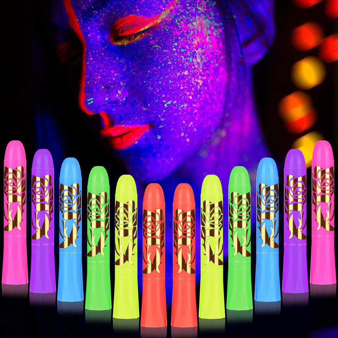 12 Pcs Glow in The Black Light Face Body Paint, UV Black Light Glow Crayons Neon Fluorescent Face Painting Makeup Kit for Halloween Club Makeup Xmas Glow Party (6 Color)