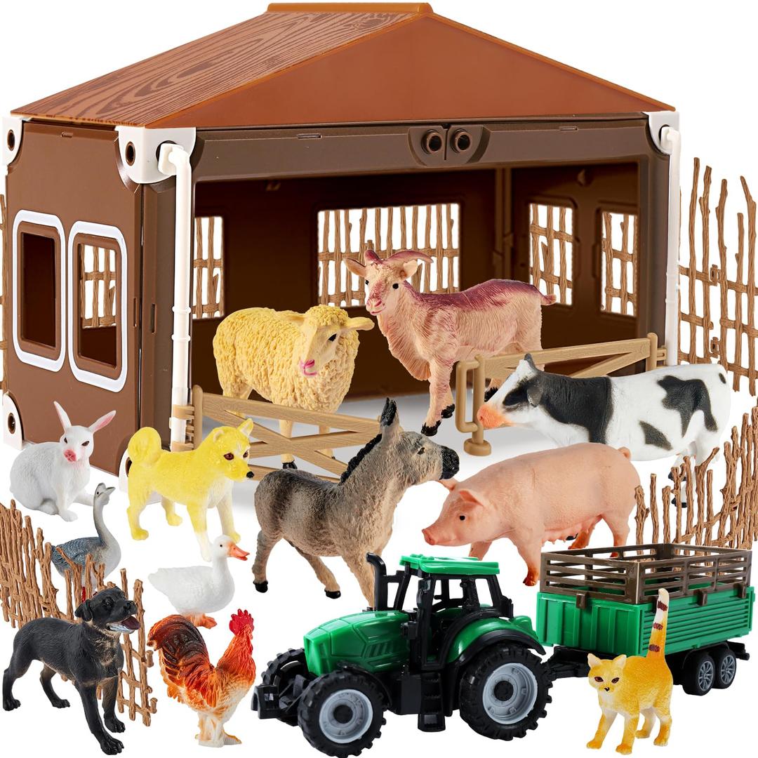 Buyger Kids Farm Animals Figure Toys Playset, Large and Mini Plastic Farm Figurines Toys Tractor Trailer Truck Assembly Fence Barn Farmhouse Gifts for 3+ Years Old Kids Boys Girls Toddler