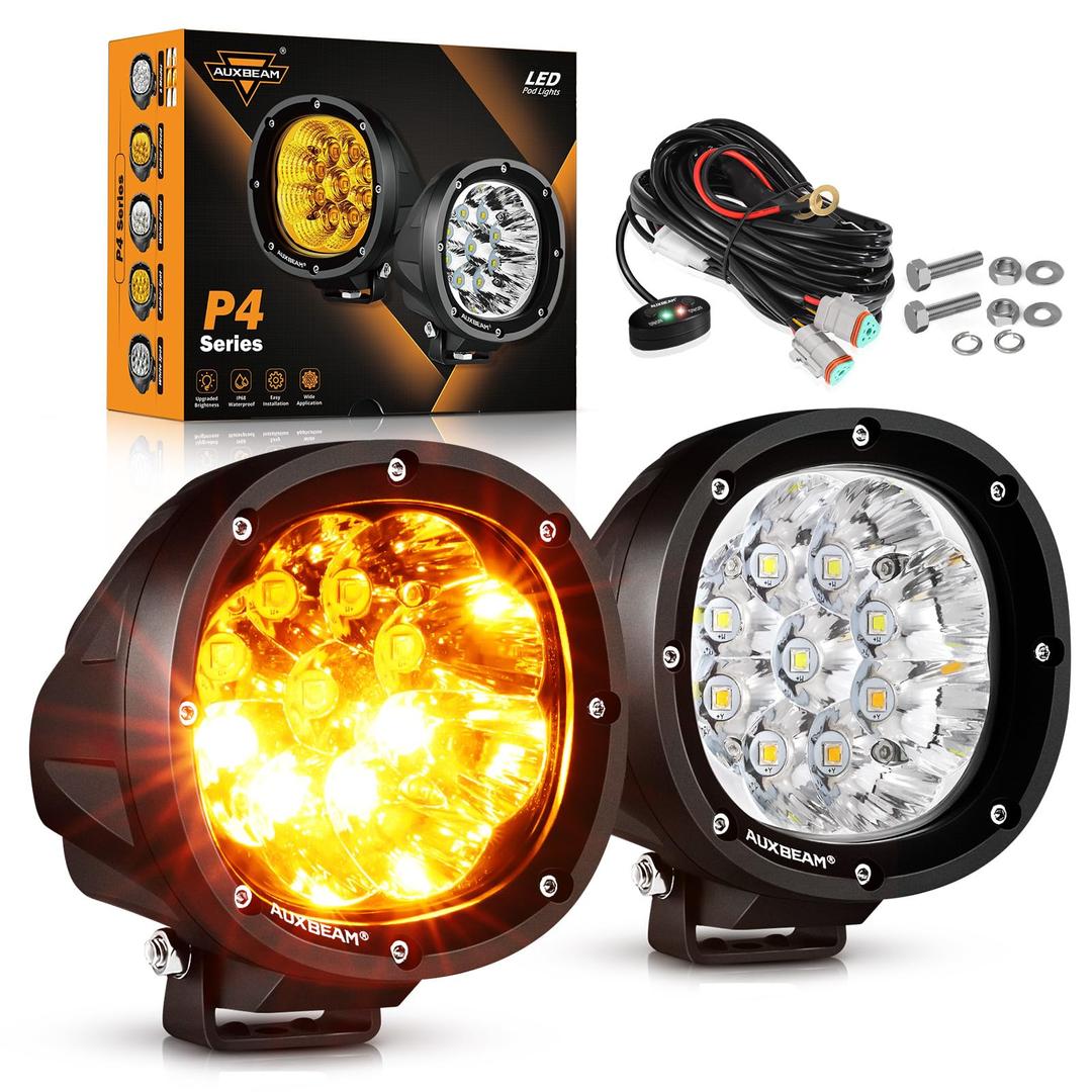 Auxbeam 6 Modes Amber White Round LED Offroad Lights, 4Inch 90W Dual Color Strobe Light Bar Off Road Fog Lights, Spot Beam Flashing LED Pods Offroad Lighting Amber Spotlights for Trucks, Pair