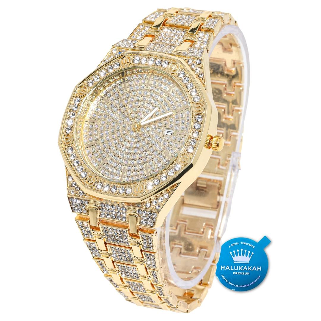 HalukakahDiamond Watch for Men - Hunter - 18K Real Gold/Platinum White Gold Plated & Handset Diamonds Iced Out,40MM Width Octagonal Dial,Wristband 8.7”,Cuban Link Chain 8"+18",Comes with Giftbox