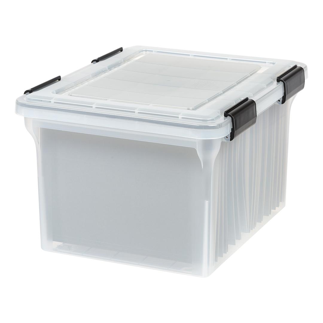 IRIS USA File Box WeatherPro File Organizer Plastic File Box for Letter/Legal File, Water Resistant Document Box, Durable Lid, Seal w/ Secure Latching Buckles, Stackable, Nestable, Clear 32 Qt. 1Pack