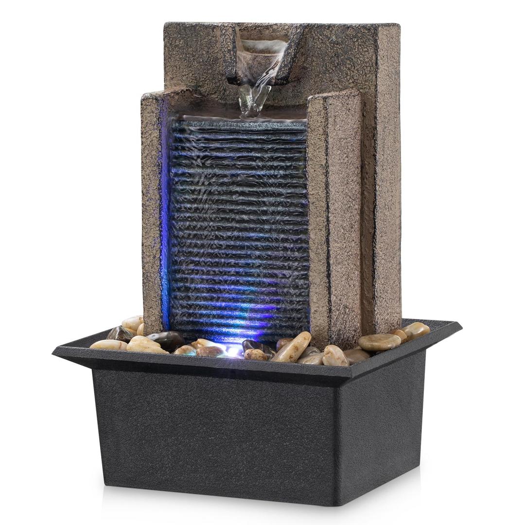 Tabletop Fountain Waterfall Fountain Office Tabletop Fountain Includes Many Natural River Rocks Decorated with Colorful Light 6.3" L x 5.12" W x 8.66" H