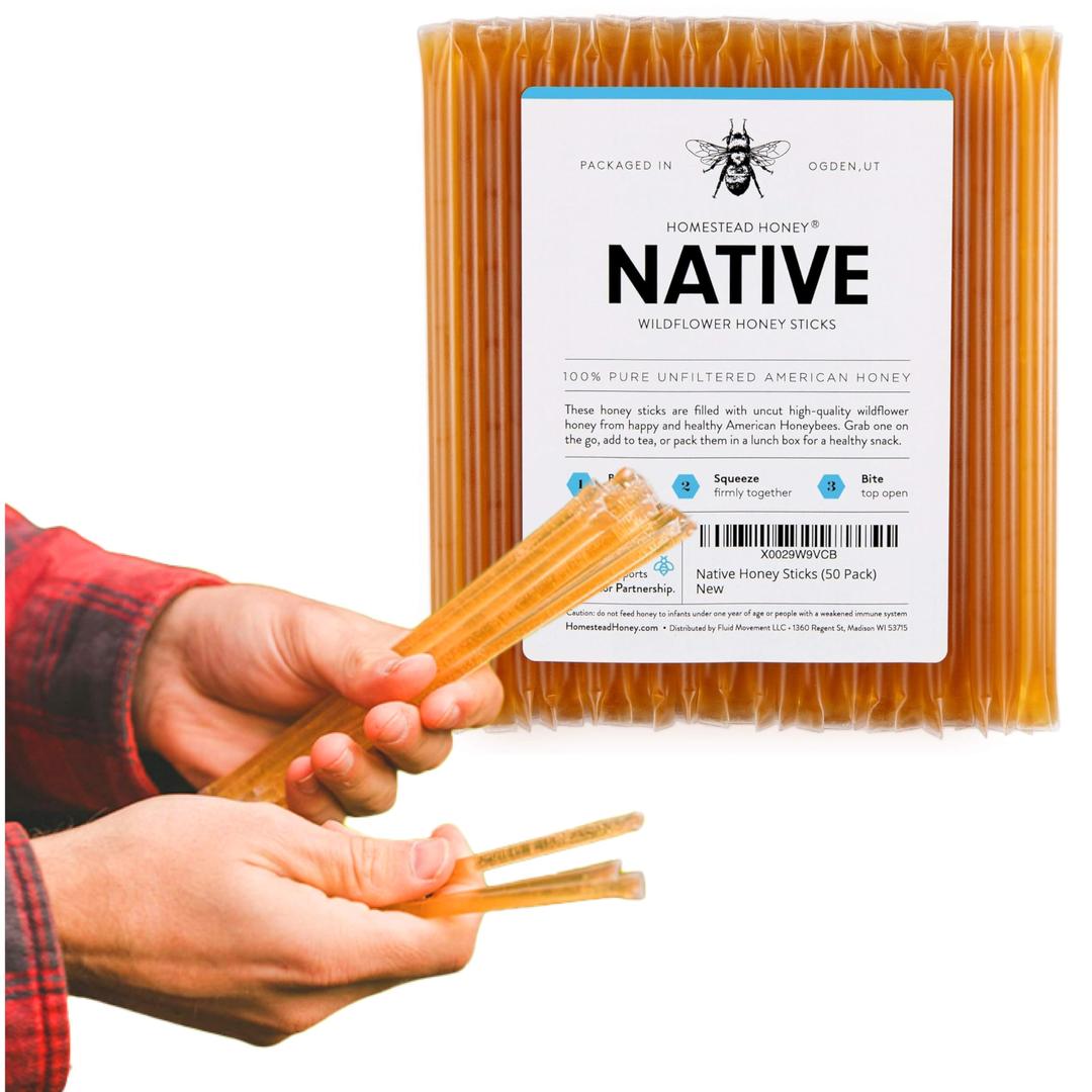 Homestead HoneyNative Honey Sticks for Tea - 50-Pack Bulk Honey Packets, Single Serve - Pure Wildflower Honey Straws - Easy-to-Open Honeycomb Stir Sticks for On-the-Go, Snacks, and Travel