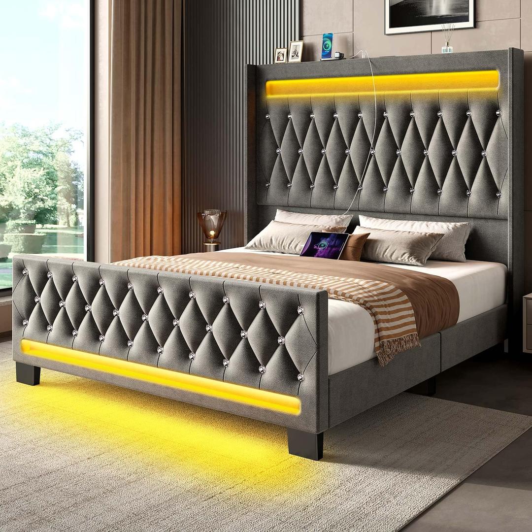 Rolanstar Queen Bed Frame with LED Light and Charging Station, Upholstered High Headboard and Footboard, Wood Slats, Noise Free, Easy Assembly, Grey