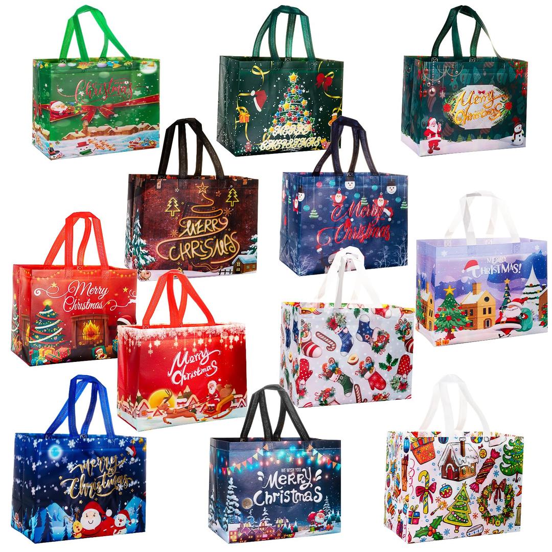 ZizasAry 12 Pack Christmas Gift Bags, Reusable Christmas Tote Bags with Handles,12 Styles Non-Woven Xmas Bags for Gift Wrap, Christmas Costume, Xmas Party Supplies, 12.8” x 9.8” x 6.8”