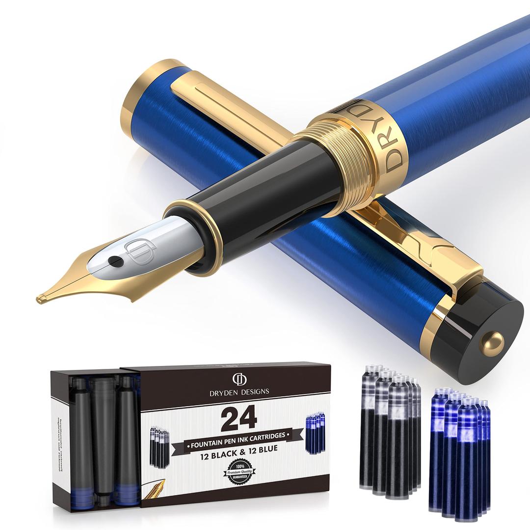 Dryden Designs Fountain Pen - Medium Nib | Includes 24 Ink Cartridges (12 Black 12 Blue) and Ink Refill Converter | Calligraphy Pen, Consistent Writing, Smooth Flow - Blue.