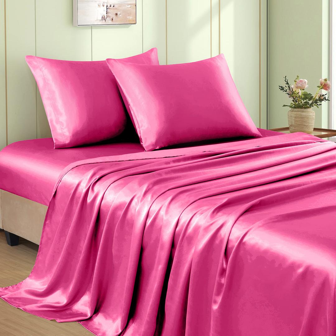 4pcs Hot Pink Satin Sheets Full Size Bed Set, 15 Inch Deep Pocket Silky Satin Sheet Set, Soft Satin Bedding Set Cooling & Luxury Bed Sheets, 1 Fitted Sheet + 1 Flat Sheet + 2 Pillowcases