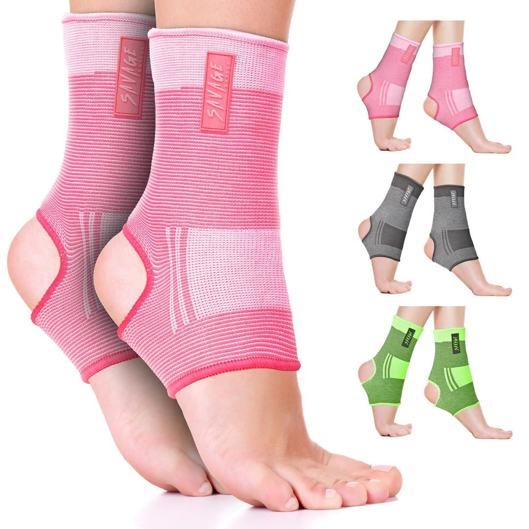 BeSAVAGEBeSAVAGE Ankle Compression Sleeve Wraps (2 count) Foot Support Brace Protector Socks - Footwear Boxing Equipment Gear for Men Women Kickboxing Muay Thai MMA UFC Gym (Pink - S/M)