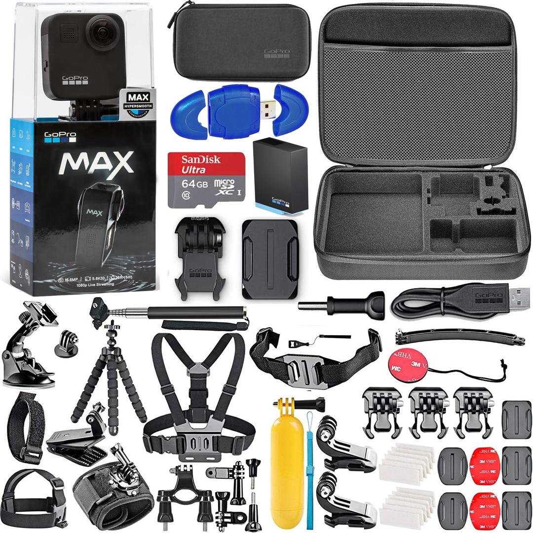 GoProMAX 360 Waterproof Action Camera 5.6K30 HD Video 16.6MP 360 Photos + 64GB Memory Card, High Speed Card Reader + Max Action Bundle (59 Items) Black