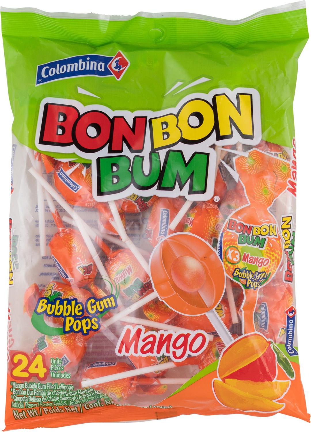 Colombina Bon Bon Bum Lollipops w/Bubble Gum Center, Mango Flavor, Individually Wrapped, Ideal for Party Favors and Gifts, 1 Pack (24 Count)