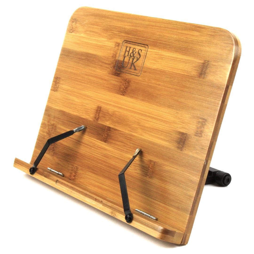 H&S Bamboo Recipe Book Holder - Foldable & Portable Cookbook Stand for Desk - Adjustable Holder for Reading in Bed or Kitchen