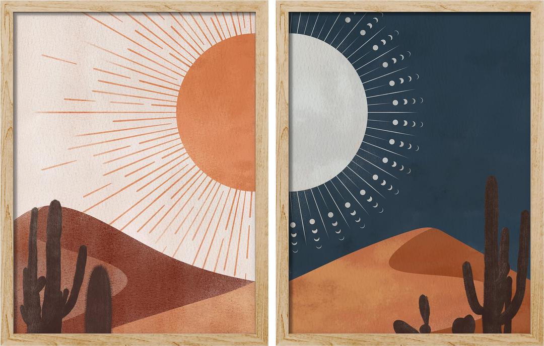 SIGNWIN Framed Sun and Moon Cactus Desert Landscape, Southwest Joshua Tree Wall Art, Set of 2 Botanical Wall Decor Prints, Mid Century Boho Wall Décor for Living Room, Bedroom - 11"x14" Natural