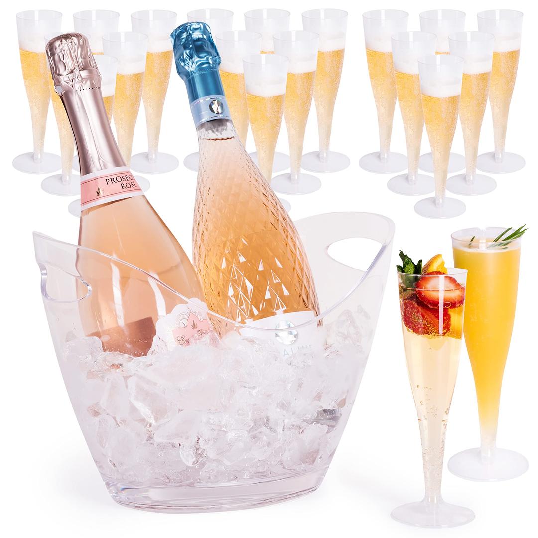 PRESTIGE Ice Bucket for Parties (3.5L) & 24 Mimosa Glasses (5 Oz) | Champagne Bucket w/Plastic Champagne Flutes. Disposable Brunch Cups, Bridal Shower Decorations Wine Chiller, Birthday Bar Supplies