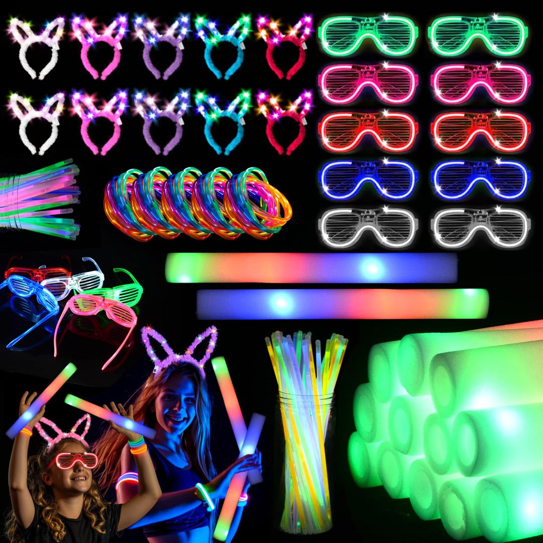 136PCS Glow Party Supplies,Glow Sticks Party Pack,12PCS LED Foam Glow Sticks,12PCS Led Glasses,12PCS Bunny Ear Headband,100PCS Glow Sticks,neon party Suitable For Adults or Children