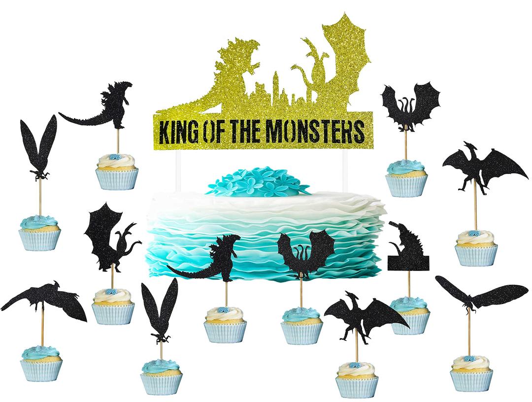 Godzilla Cake Topper Monsters Cupcake Toppers Party Supplies -1 Cake Topper and 24 Cupcake Toppers Set - Godzilla Cake Topper Party Decorations for Kids Boys Girls Party.