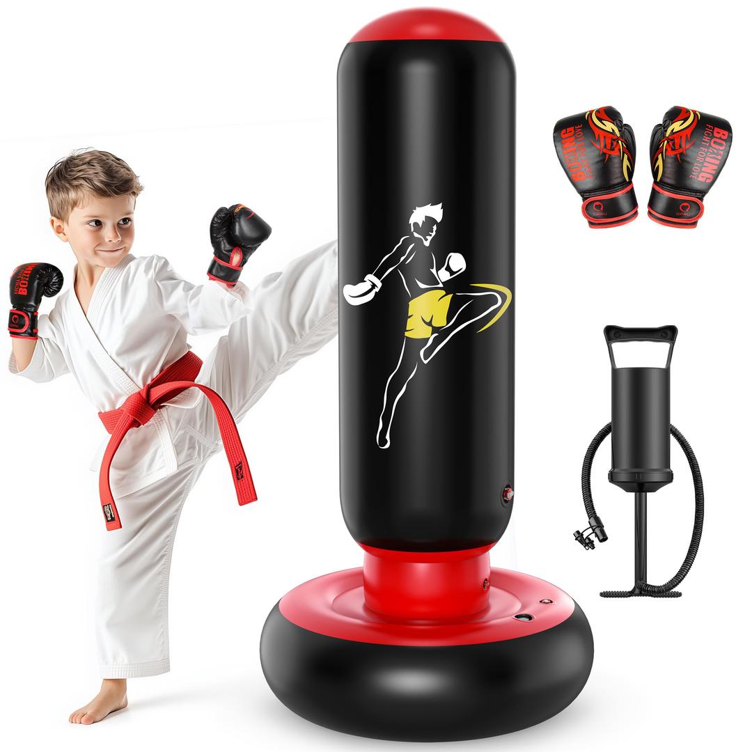 QPAU Kids Punching Bag Toy with Boxing Gloves, 66 Inch Larger Stable Kids Inflatable Boxing Bag Set, Gifts for Boys & Girls Age 6-12, for Practicing Karate, Taekwondo, MMA