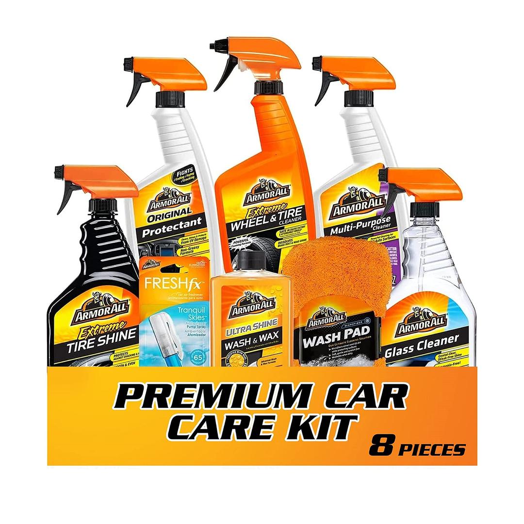 Armor All Premier Car Care Kit, Includes Car Wax & Wash Kit, Glass Cleaner, Car Air Freshener, Tire & Wheel Cleaner (8 Piece Kit)