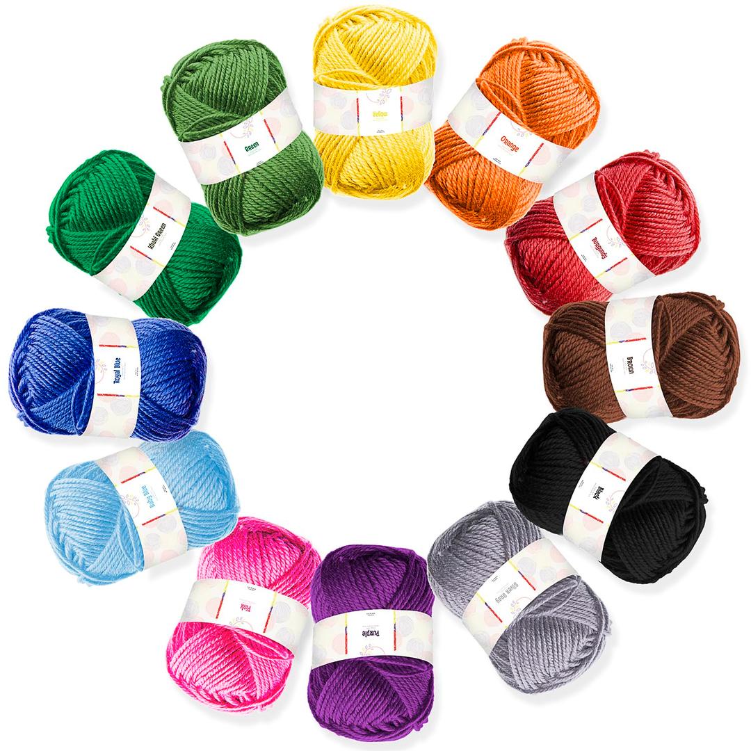 Acrylic Yarn Skeins 12 x 50g - 1200 Yards - Yarn for Crocheting - Soft Crochet Yarn for Knitting and Crafts - Multicolored Crochet Craft Yarn for Adults and Kids - 12 Pack