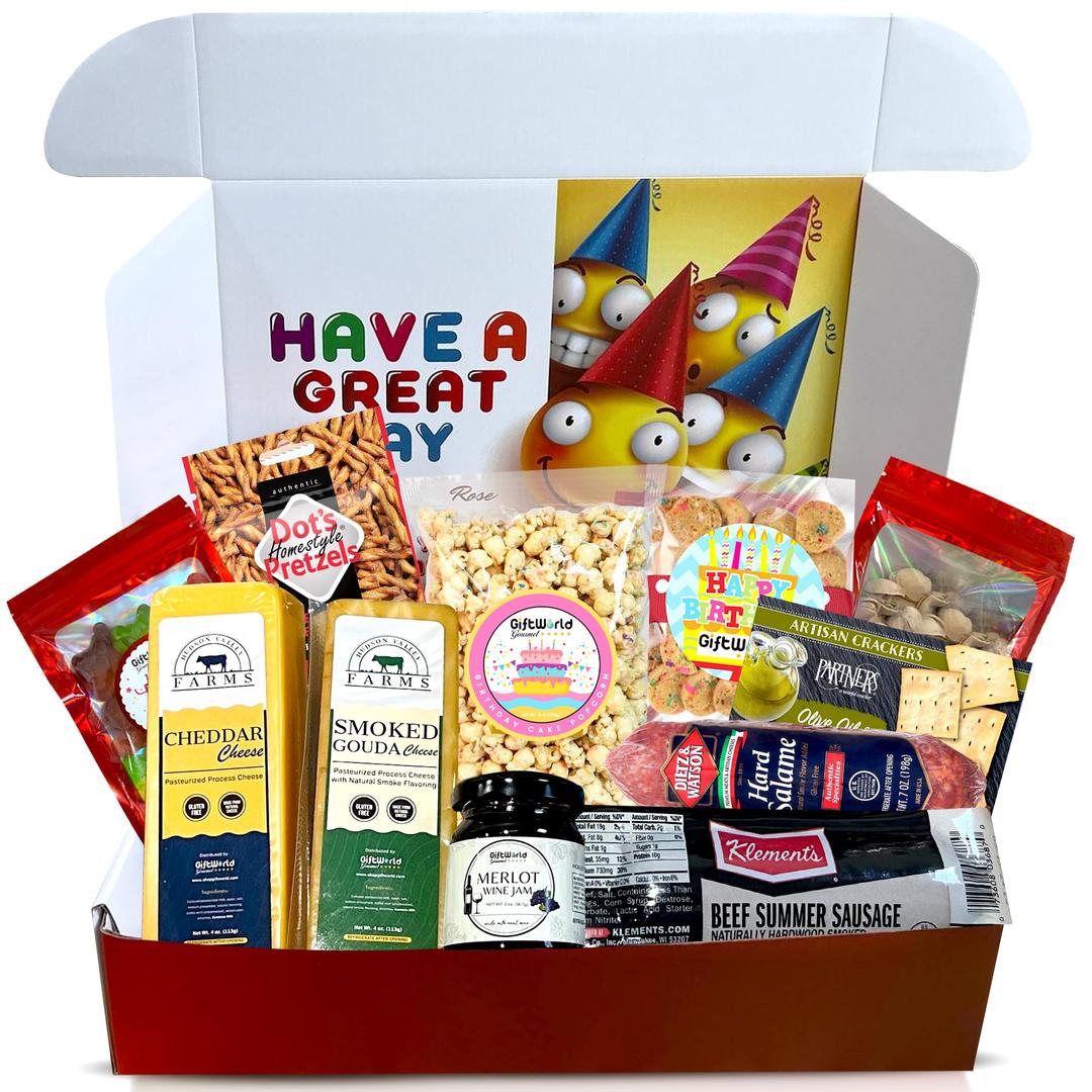 GiftWorld Birthday Meat and Cheese Gift Basket - Birthday Cheese and Crackers Gift Basket, Birthday Food Gifts Assortment | Happy Birthday Food Gift Basket For Women, Birthday Food Gifts for Men