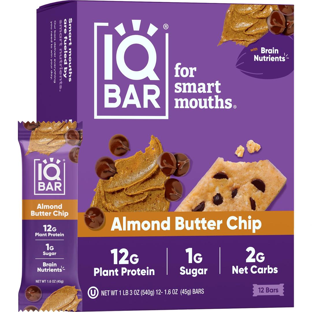 IQBAR Almond Butter Chip Keto Protein Bars, 12-Count, 1.5 Ounce Bars, Gluten Free, Low Carb, Vegan Snacks