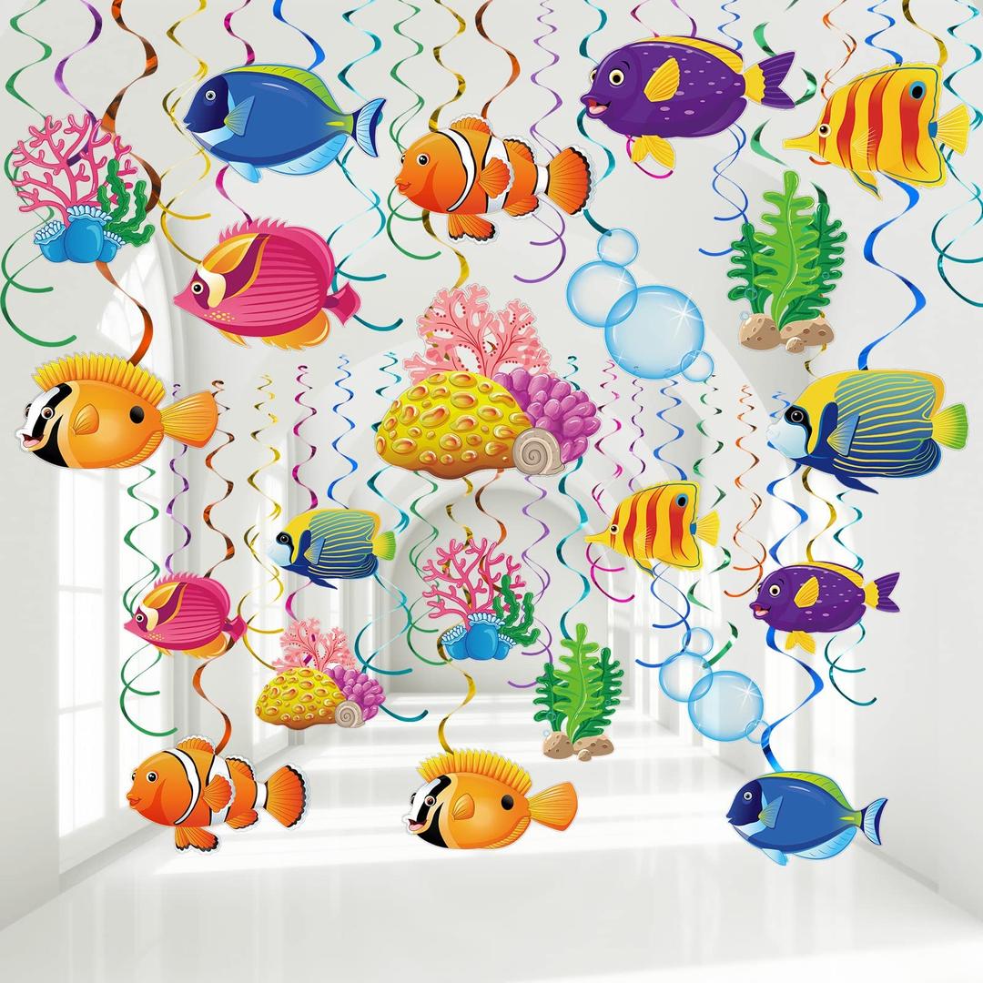 30 Pcs Tropical Fish Hanging Swirls Under The Sea Party Decorations Ceiling Decor Ocean Themed Party Mermaid Creatures Beach Party Supplies Under The Sea Decor(Fish Style)