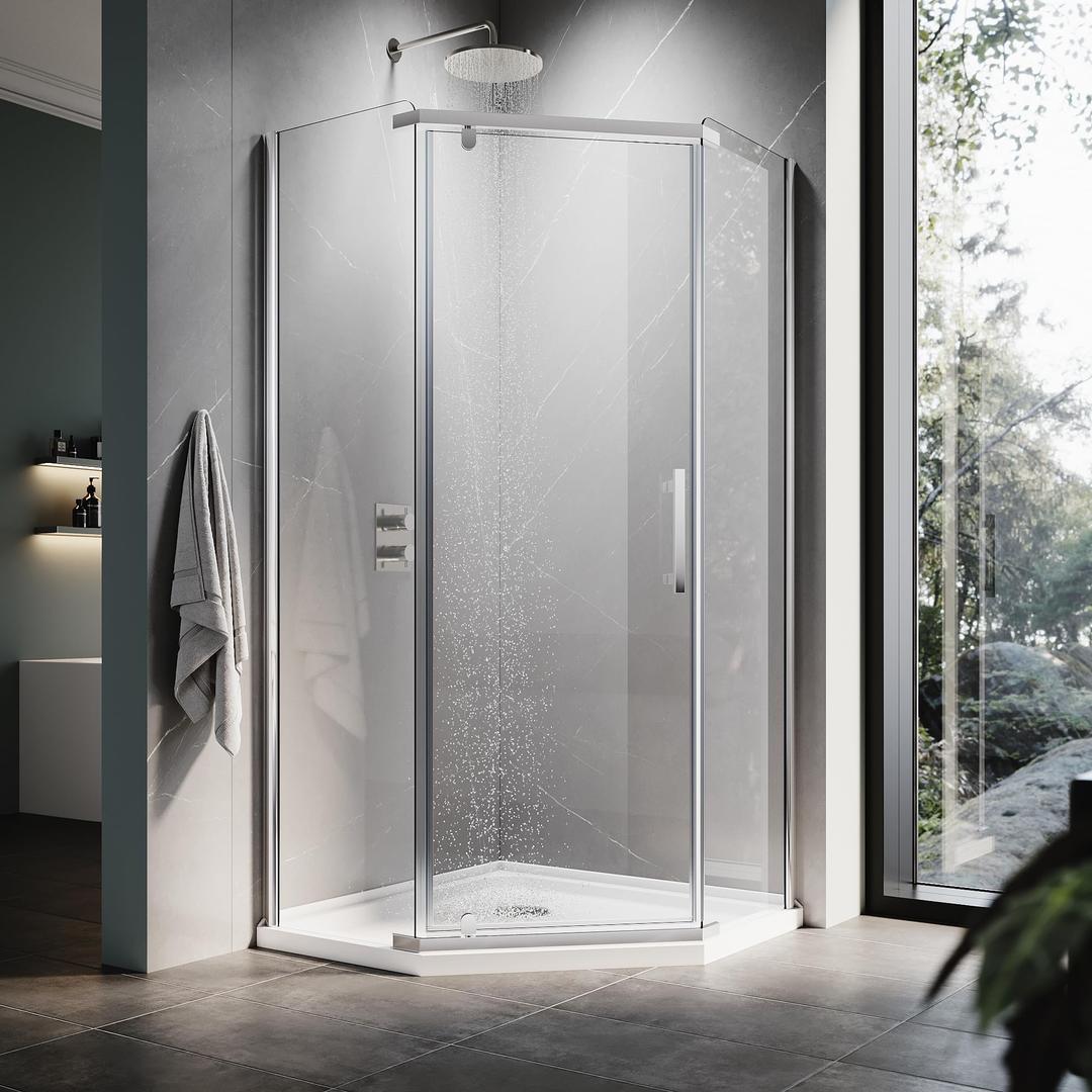 ELEGANT Neo-Angle Frameless Shower Door 36.5 in. W x 72 in. H, Corner Shower Enclosure with 1/4" Clear Glass, Pivot Shower Doors in Chrome Finish (Shower Base Not Included)