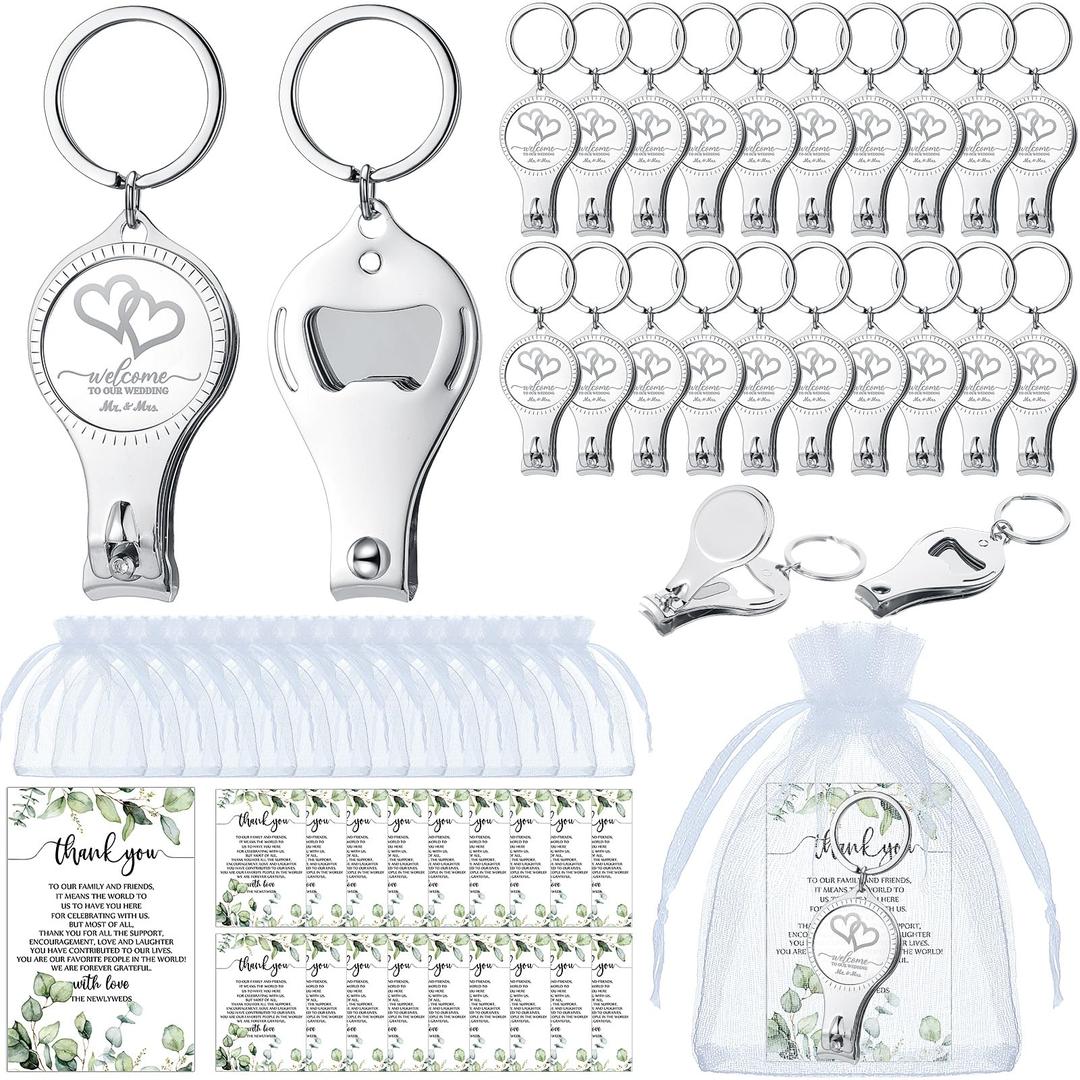 Fulmoon 50 Sets Wedding Multi Function Bottle Opener Nail Clipper Wedding Favors Brewery 50 Cards 50 White Organza Bags for Party Supplies Gift Souvenir Guests Men Women