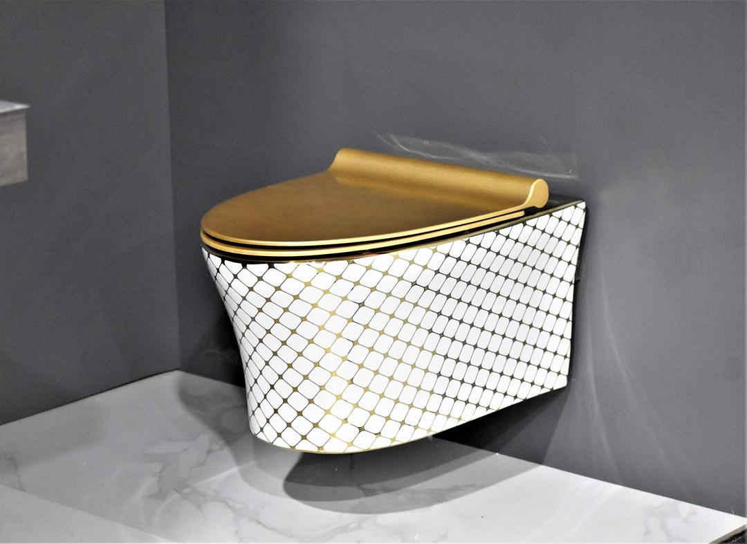 InArt Ceramic Commode Wall Mount/Wall Hung Western Toilet/Commode/Water Closet/EWC/WC/European Commode for Bathrooms P Trap Outlet is from Wall with Soft Close Seat Cover Oval (Golden Color Pattern)