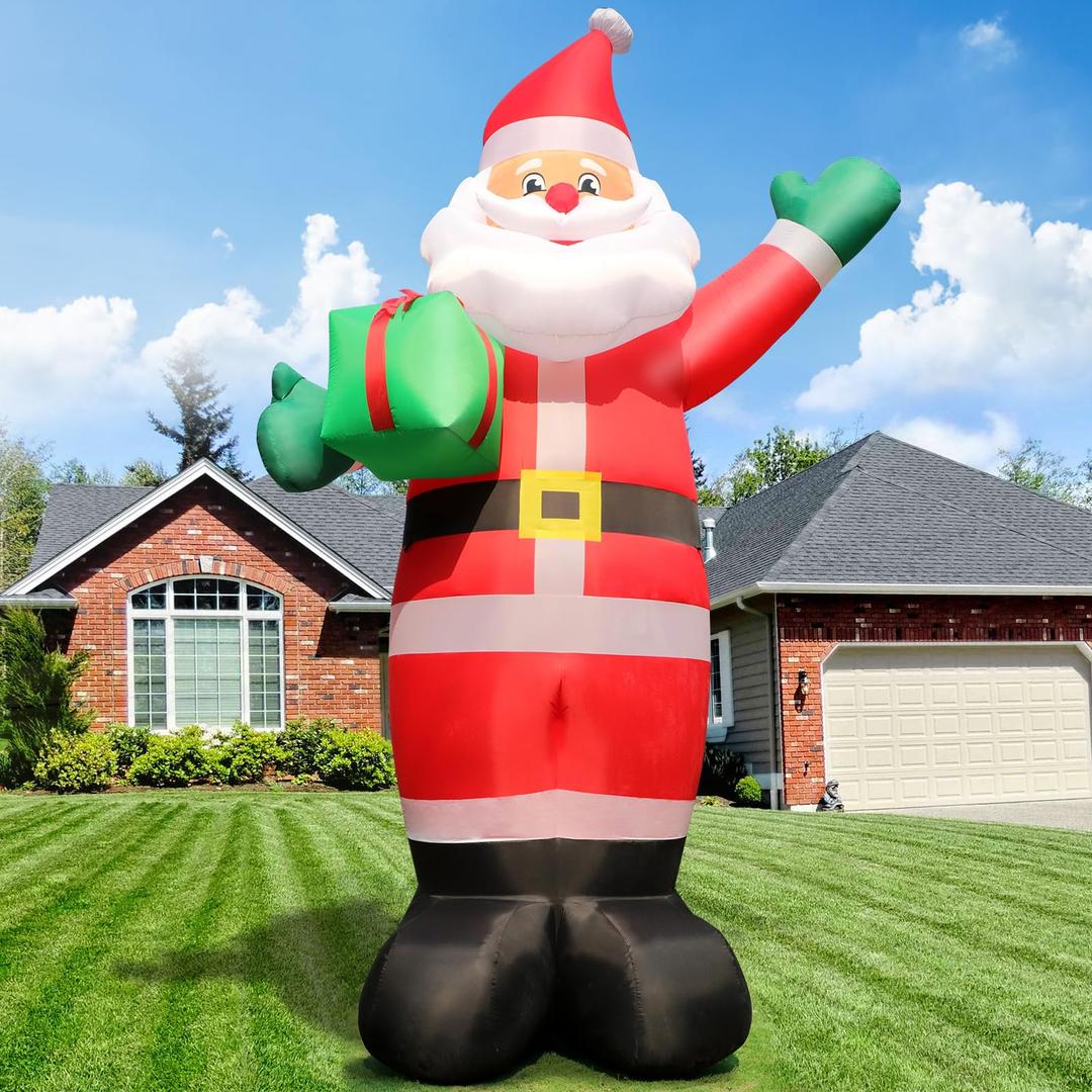 10 FT Christmas Inflatable Santa Claus Decoration, Blow up Giant Santa Claus Holding Gift Box, Built-in LED Lights for Outdoor Yard Patio Garden Lawn Hall Display Xmas Vacation Holiday Party Decors