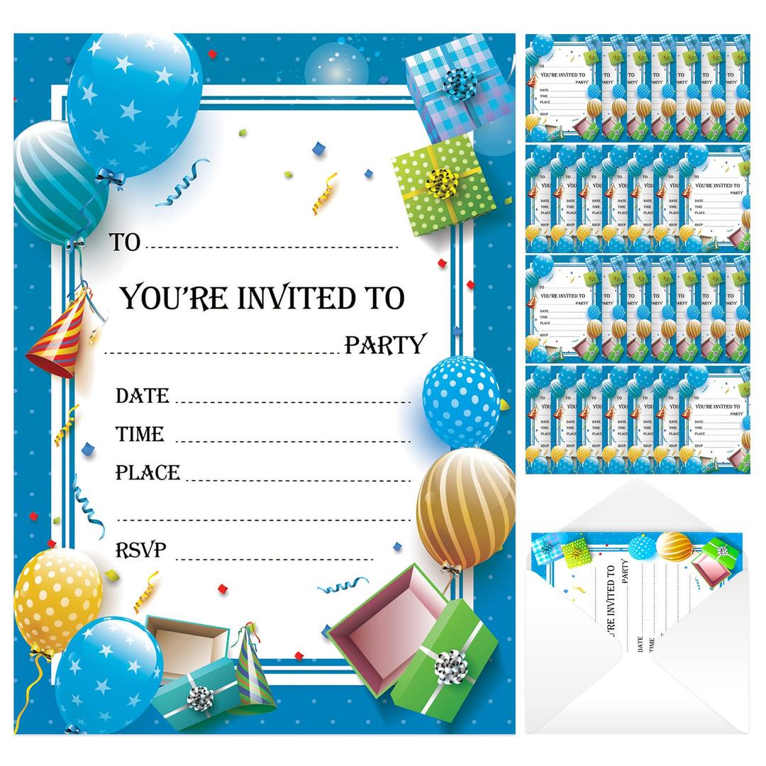 28pk Blue Childrens Party Invitations RSVP | Boys Party Invitations Kids For Any Occasion, Invitation Cards for Birthday Kids Party Invitations Kids Party Invites Kids Birthday Invitations Kids