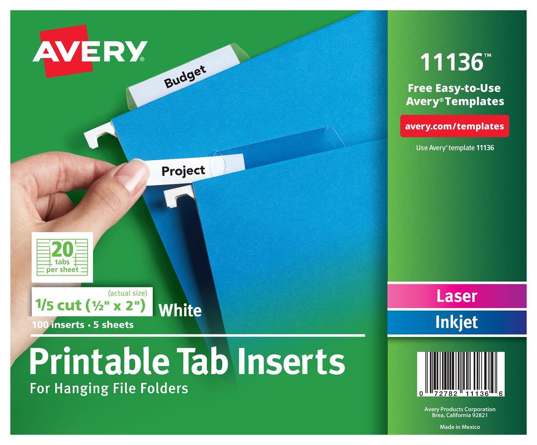 Avery Printable Tab Inserts for Hanging File Folders, 1/2" x 2", 1/5 Cut, White, 100 Index Tab Inserts (11136)