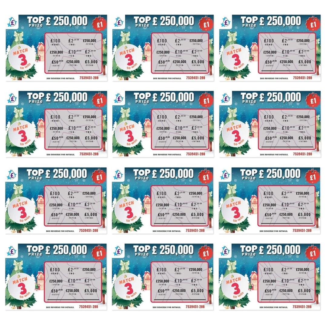 12 x Fake Joke Scratch Cards - Winning Lottery Ticket Practical Prank- Every card appears to win £100,000 or £250,000