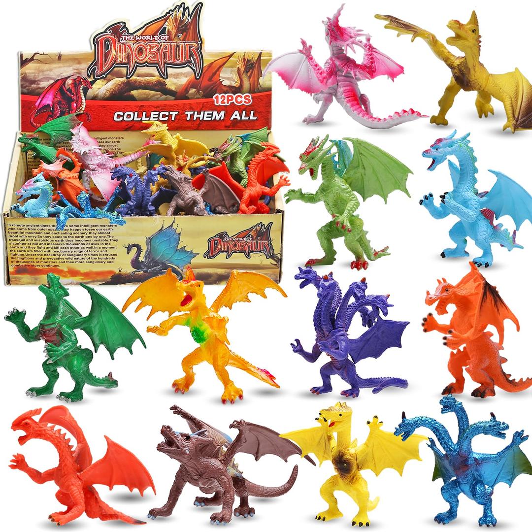 ValeforToy Dragon Toys,12 Piece Assorted Realistic Looking Dragon Figure,4 Inch Mini Dragons Sets with Gift Box, Non-Toxic Safety Materials ABS Vinyl Plastic Dragon,Party Favors Toy for Boys Kids