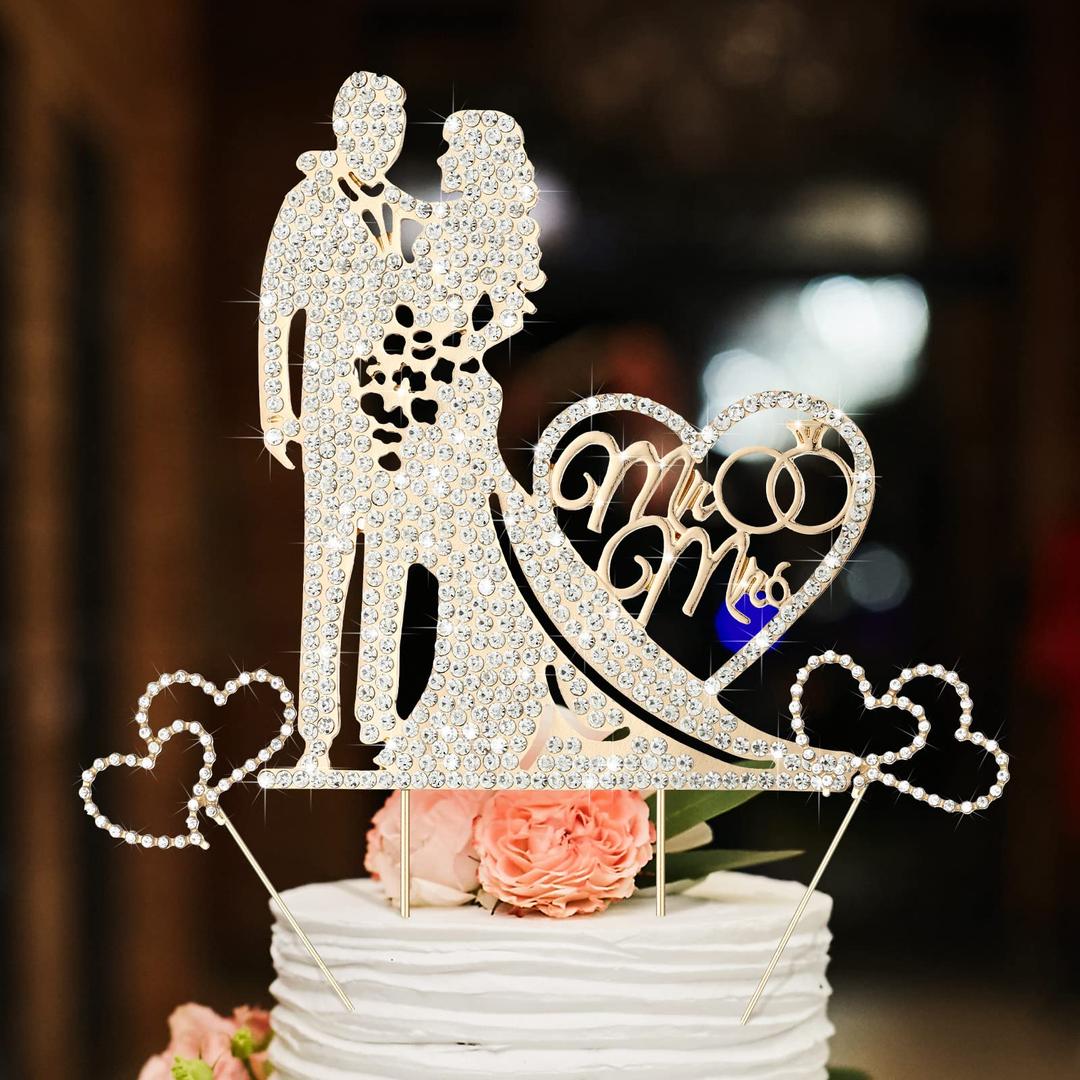 3 Pack Mr and Mrs Cake Wedding Topper Rhinestone Metal Love Wedding Cake Topper Crystal Heart Shaped Cake Toppers Funny Diamond Bride and Groom Anniversary Party Cake Decoration Gold