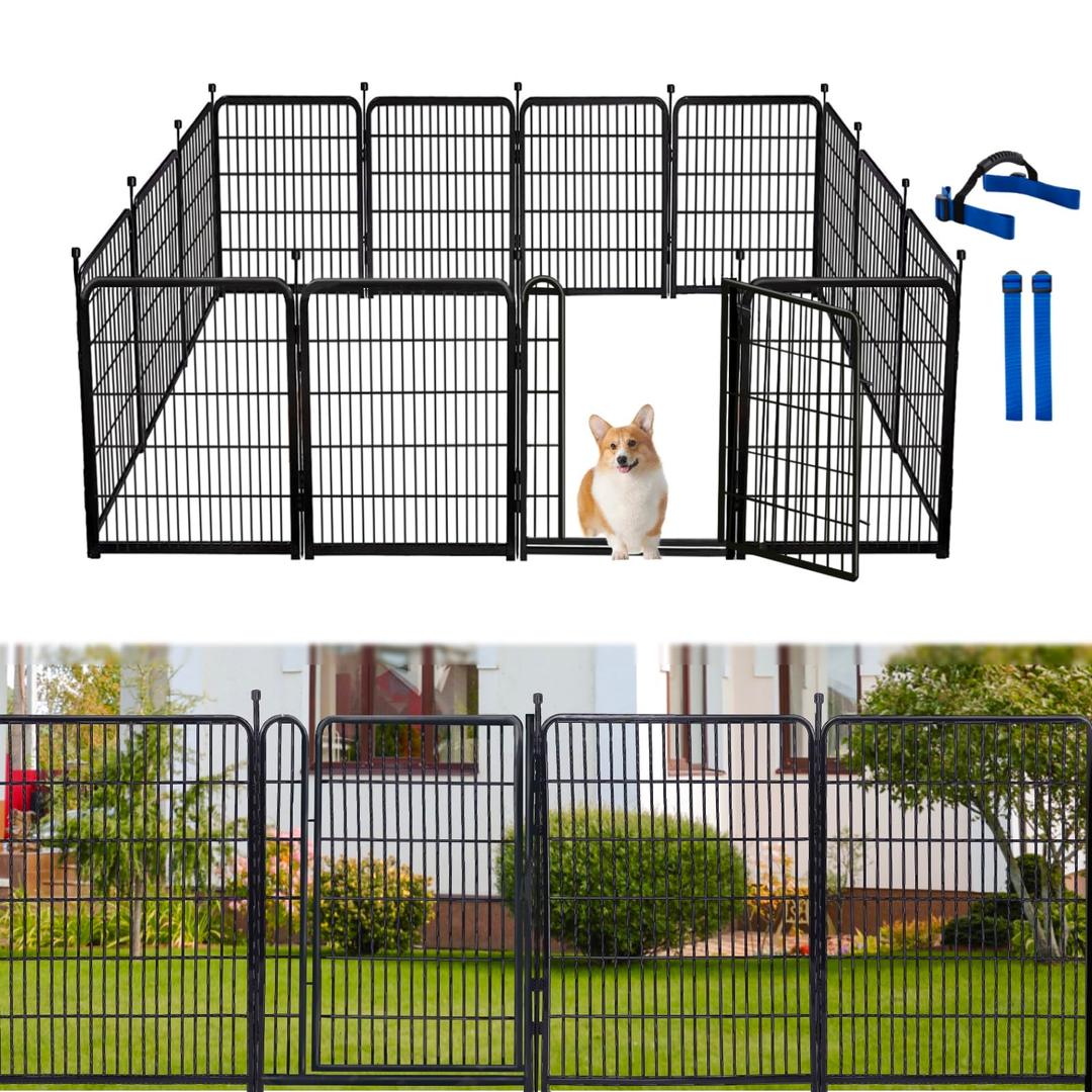 32 in(H) Dog Fence Outdoor For Yard, 21 in Wide Low Threshold Gate, 12 Panels Total 27 Ft(L), Fencing For Garden Beds, Animal Barrier Fence, Dog Pen Indoor or Outdoor, Landscape Fence Border