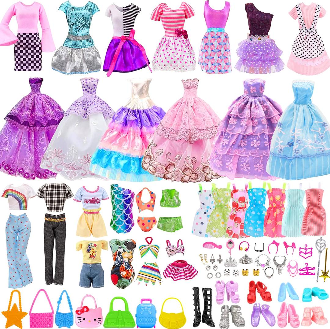 Alviller 56Pcs Doll Clothes Outfit for Barbie, Doll Accessories Mini Dress Party Dress Bikini Set Tops Pants Handbags Shoes Jewelry Accessories Random Stlye for 11.5 inch Girl Doll