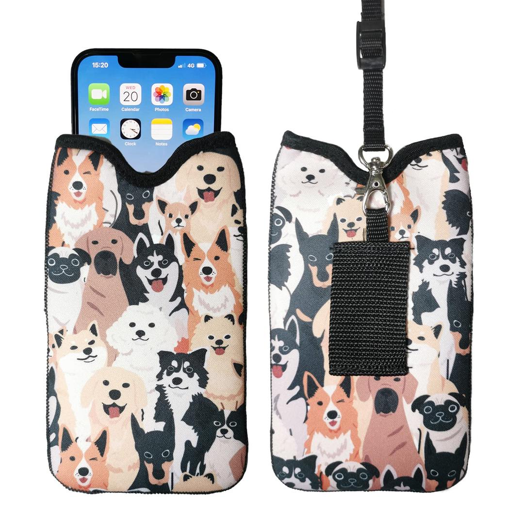 Men Women Neoprene Shockproof Phone Sleeve Pouch Carrying Case with Neck Lanyard, Belt Loop Holster for iPhone 15/14/13, 15/14 Pro Max, 15/14 Plus; Samsung S24, S23+, A54 (Doodle Dogs Pattern)