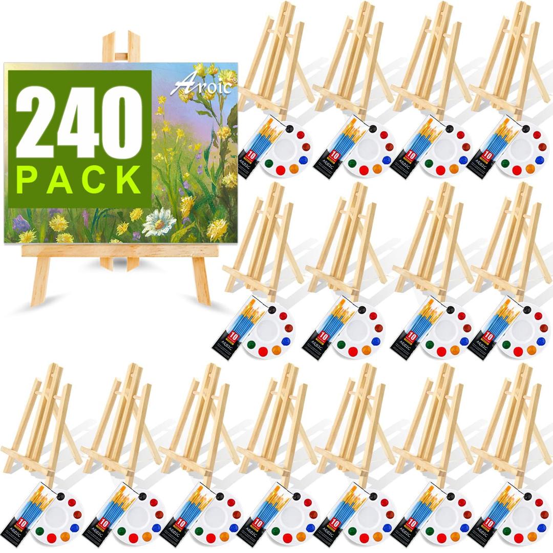 240 PCS Professional Painting Set with 20 PCS Wood Easels,20 Packs of 200 Brushes with Nylon Brush Head and 20 PCS Palettes, Painting Supplies kit for Kids & Adults to Painting Party.