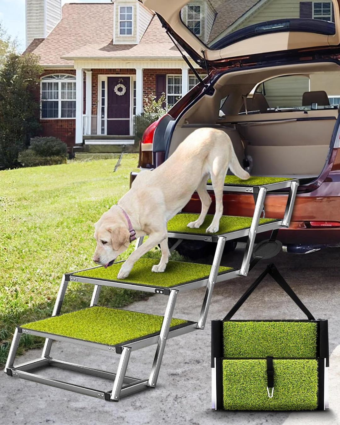 Foldable Dog Car Ramp for Large Dogs, 4 Steps Portable Large Dog Steps for Car Truck SUV High Bed, Aluminum Dog Stairs with Grass Padded, Outdoor Dog Ramp Stairs for Dogs Max Up to 200lbs